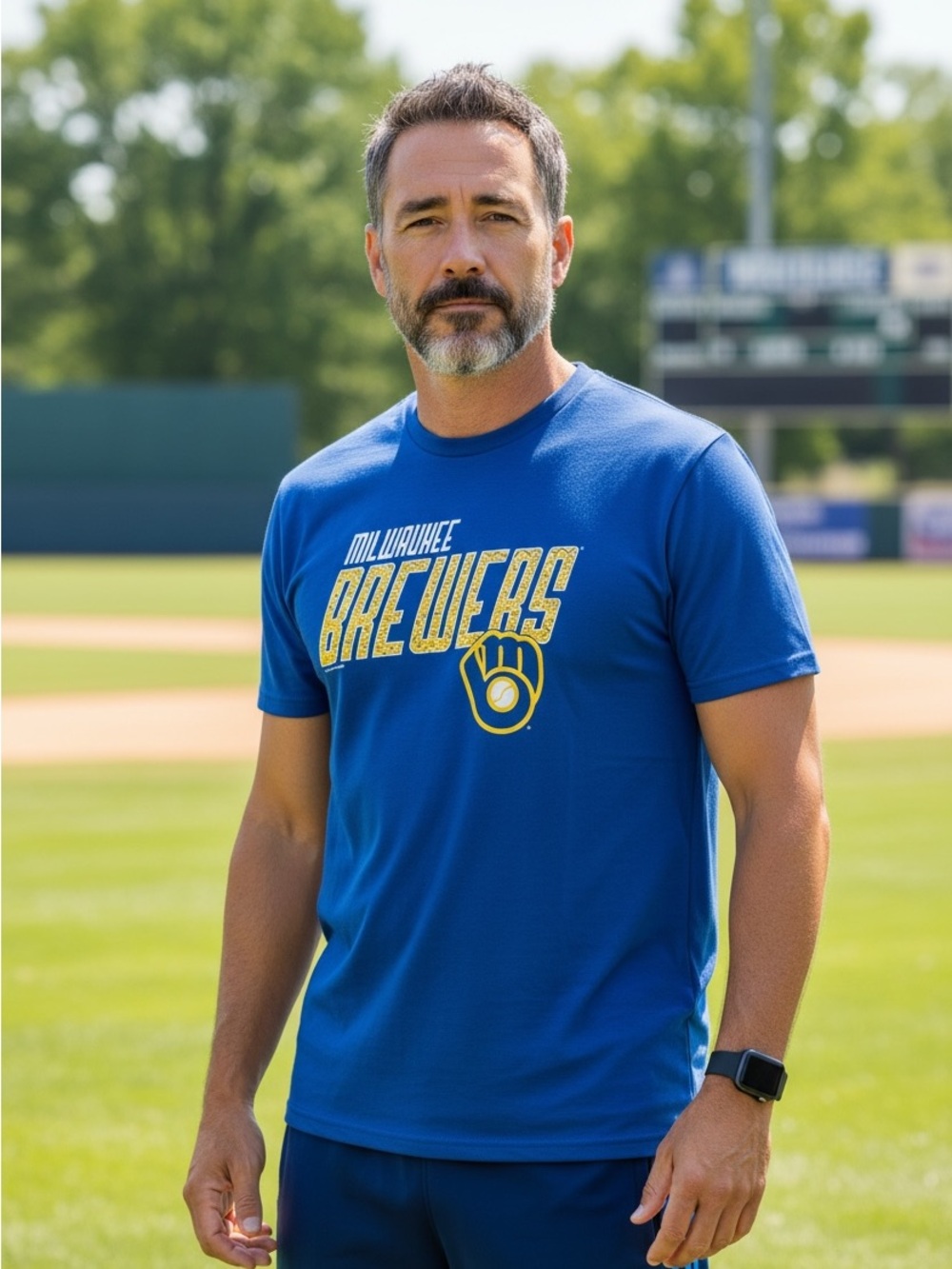 Genuine Merchandise Blue Milwaukee Brewers Short Sleeve Tee with Yellow Logo